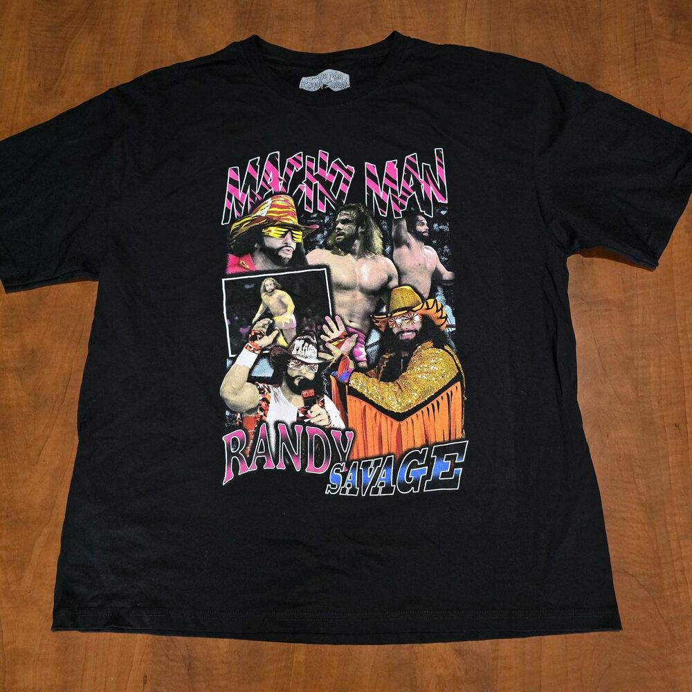 Randy Savage Macho Man Portrait Collage Crew Neck Front Side Graphic Tee XL